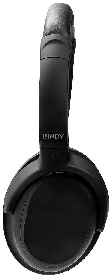 Schwarzer Over-Ear-Kopfhörer mit Polsterung, markiert mit 'Lindy' auf der Außenseite. Ideal zum Musikhören oder Telefongespräche.