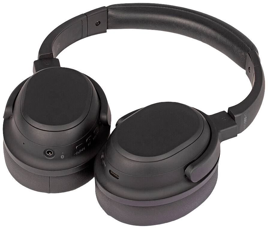 Schwarze, kabellose Over-Ear-Kopfhörer auf weißem Hintergrund. Sie verfügen über Bedienelemente und Anschlüsse an der Ohrmuschel.