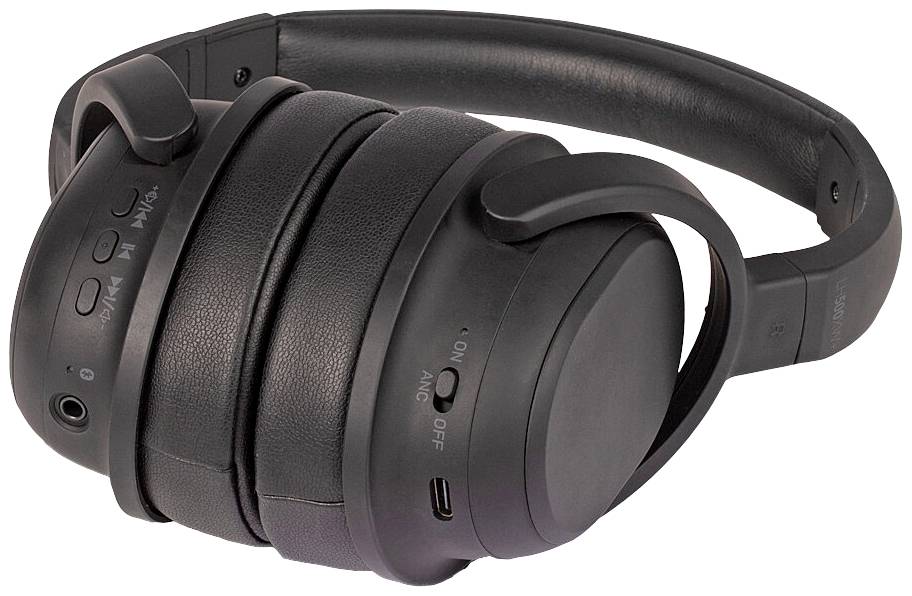 Schwarze, kabellose Over-Ear-Kopfhörer mit sichtbaren Bedienelementen für Lautstärke und Ein/Aus. Geeignet für Musik oder Telefonate.