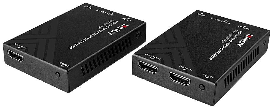 Zwei schwarze elektronische Geräte mit HDMI-Anschlüssen und Lüftungsschlitzen. Beide haben das 'LINDY'-Logo und technische Beschriftungen.