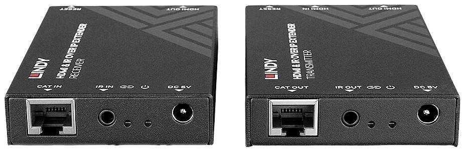 Zwei schwarze HDMI- und Power-Extender-Geräte von Lindy, mit Anschlüssen für Ethernet, IR und DC-5V.
