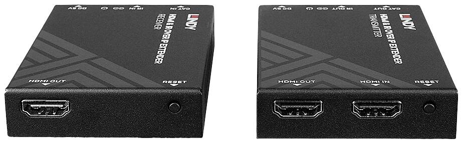 Zwei schwarze HDMI-Extender-Geräte von Lindy, jeweils mit Anschlüssen und Aufschriften 'HDMI OUT' und 'HDMI IN' sichtbar.