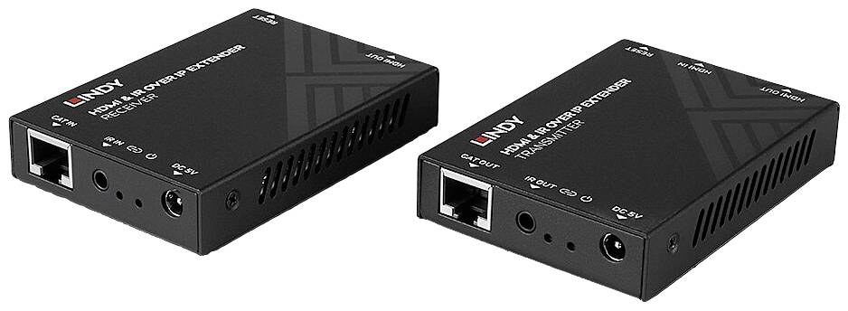 Zwei schwarze HDMI-Kabel-Extender der Marke Lindy, Modell 38173, zur Video- und Audioübertragung über große Entfernungen.
