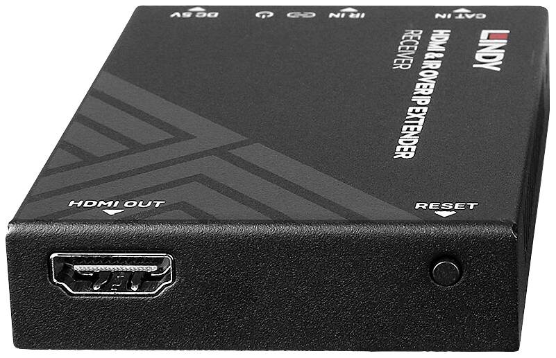 Schwarzes HDMI & IR over IP Extender-Empfängergerät von Lindy mit HDMI-Ausgang und Reset-Taste, verwendet zur Signalübertragung.