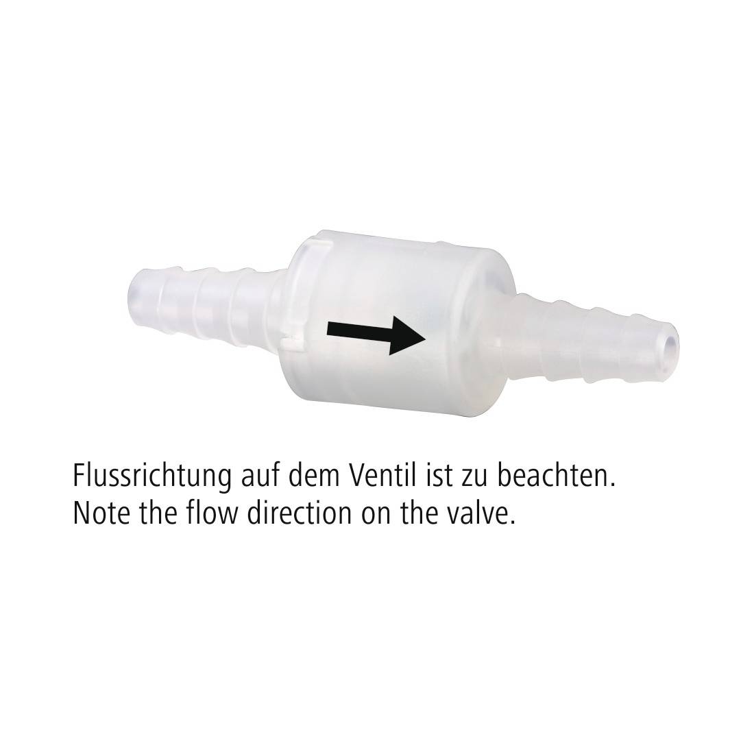 Ein durchsichtiges Ventil mit einem Pfeil für die Flussrichtung. Text: Flussrichtung auf dem Ventil ist zu beachten. Note the flow direction on the valve.