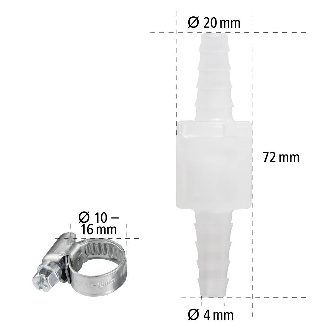 Abgebildet sind ein transparenter Schlauchverbinder mit Bemaßungen (72 mm Länge, 20 mm und 4 mm Durchmesser) und eine Metallschelle (Durchmesser 10-16 mm).