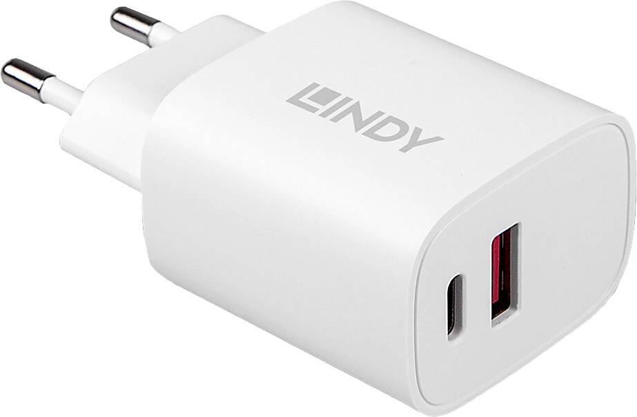 Ein weißer USB-Wandladeadapter mit EU-Steckern und zwei USB-Anschlüssen, einer rot markiert. Markenname 'LINDY' aufgedruckt.
