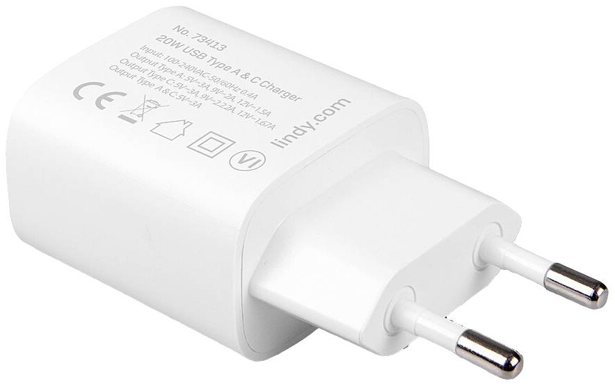 Weißes USB-Ladegerät mit EU-Stecker, 20W Leistung. Marken und technische Details sind auf der Oberseite aufgedruckt.