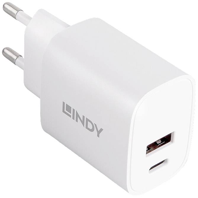 Weißes USB-Ladegerät mit zwei Steckern und 'LINDY'-Logo, geeignet für europäische Steckdosen.