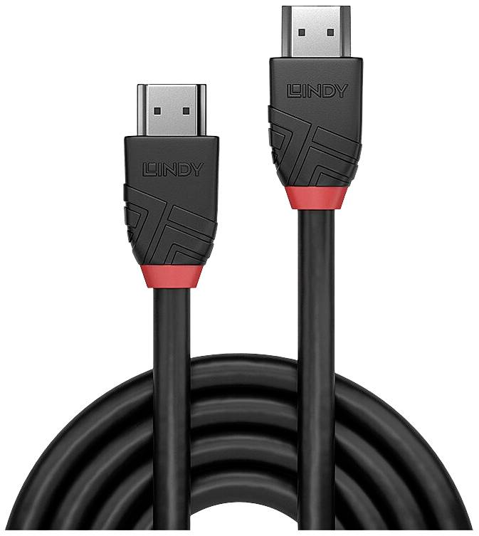 Ein schwarzes HDMI-Kabel mit roten Akzenten an den Steckern; die Marke 'Lindy' ist auf den Steckern zu sehen.