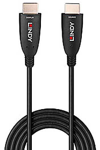 Schwarzes HDMI-Kabel mit LINDY-Logo, für Audio- und Videoübertragung zwischen Geräten wie Fernsehern und Computern.