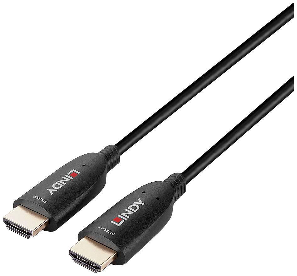 Ein langes, schwarzes HDMI-Kabel mit zwei Steckern, beide markiert mit 'LINDY', zur Übertragung von Audio- und Videosignalen.