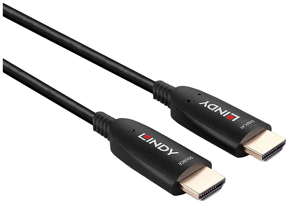 Ein schwarzes HDMI-Kabel von Lindy mit goldenen Steckern, geeignet für den Anschluss von Audio- und Videogeräten.