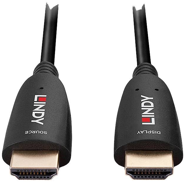 Zwei HDMI-Kabel mit der Aufschrift 'LINDY' an den Steckern liegen parallel nebeneinander. Links steht 'SOURCE', rechts 'DISPLAY'.