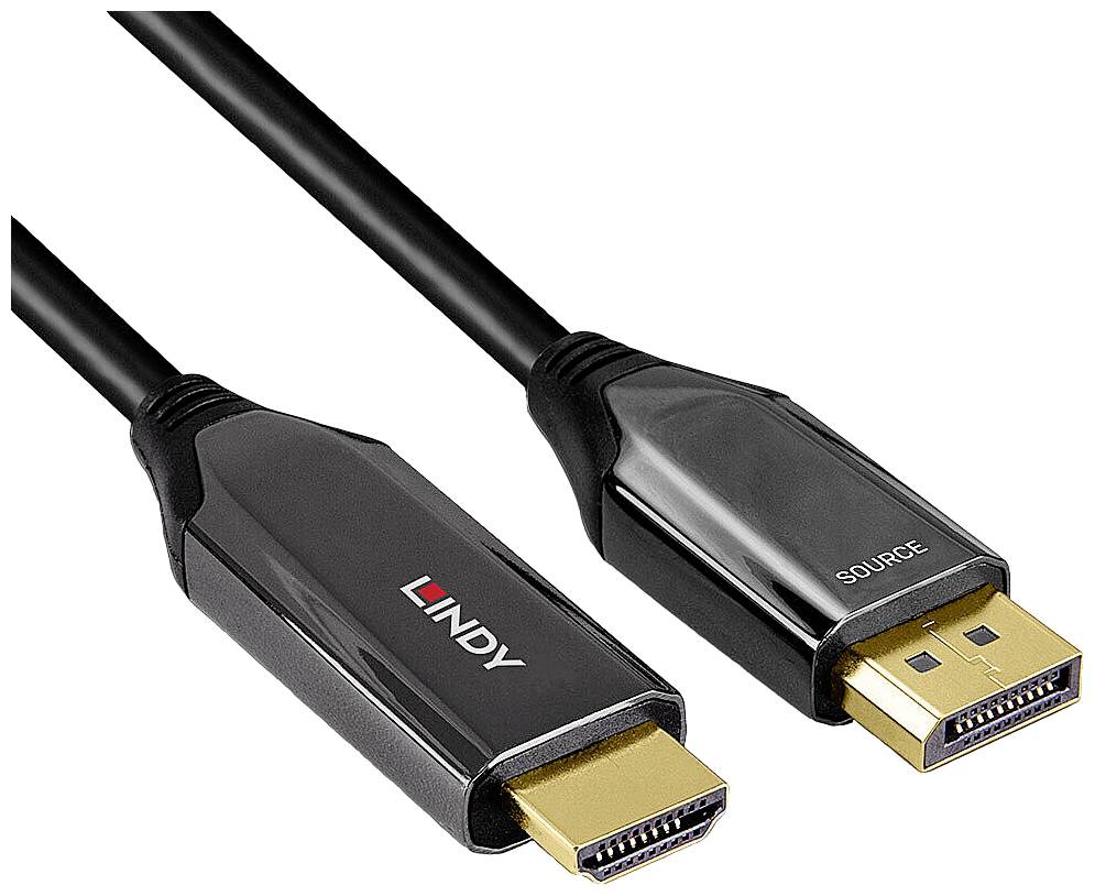 HDMI-zu-DisplayPort-Kabel mit schwarzer Ummantelung und goldenen Anschlüssen. Markenname 'Lindy' auf einem der Stecker.