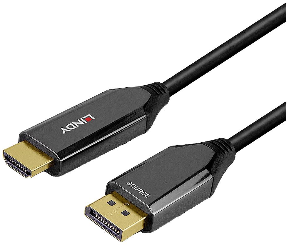 Ein schwarzes HDMI-zu-DisplayPort-Kabel. Links der HDMI-Stecker, rechts der DisplayPort-Stecker mit 'SOURCE' Aufschrift.