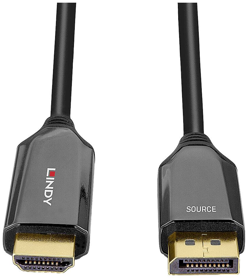 Zwei HDMI-Kabelstecker mit goldenen Kontakten. Der linke Stecker zeigt das Logo 'LINDY', der rechte ist mit 'SOURCE' beschriftet.
