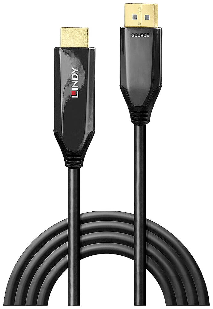 Ein schwarzes HDMI-Kabel der Marke LINDY mit goldenen Anschlüssen, gekennzeichnet als 'SOURCE', geeignet für Video- und Audioverbindungen.