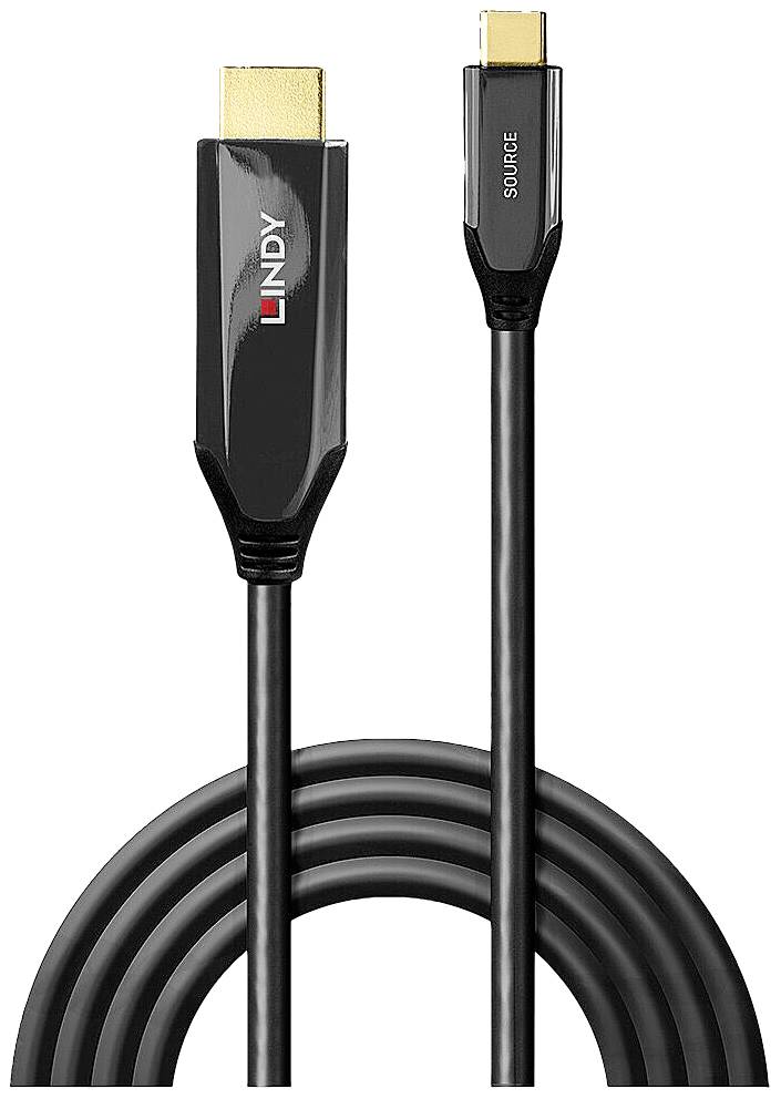 Schwarzes HDMI-Kabel mit unterschiedlichen Steckern an jedem Ende; einer ist beschriftet mit 'Source'. Perfekt für Audio/Video-Verbindung.