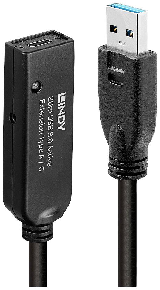 LINDY USB-Kabel USB 3.2 Gen1 USB-A Stecker, USB-C® Buchse 20.00 m Schwarz 43375