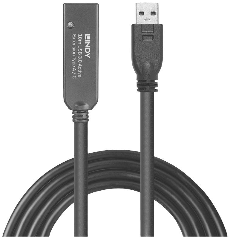 'USB 3.0 Active Extension Typ A/C, 10 Meter' Kabel in Schwarz mit USB- und USB-C-Stecker. Verwendet zur Datenübertragung über große Entfernungen.