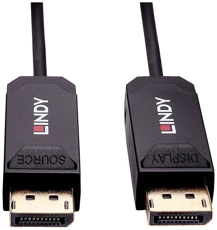 Zwei schwarze DisplayPort-Kabel mit der Aufschrift 'LINDY'. Eines ist mit 'SOURCE', das andere mit 'DISPLAY' markiert.