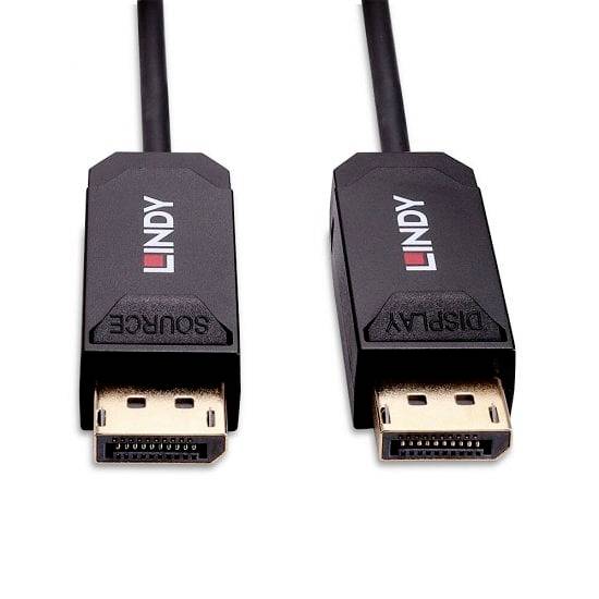 Zwei schwarze DisplayPort-Kabel mit goldenen Steckern. Eines ist mit 'Source', das andere mit 'Display' beschriftet.