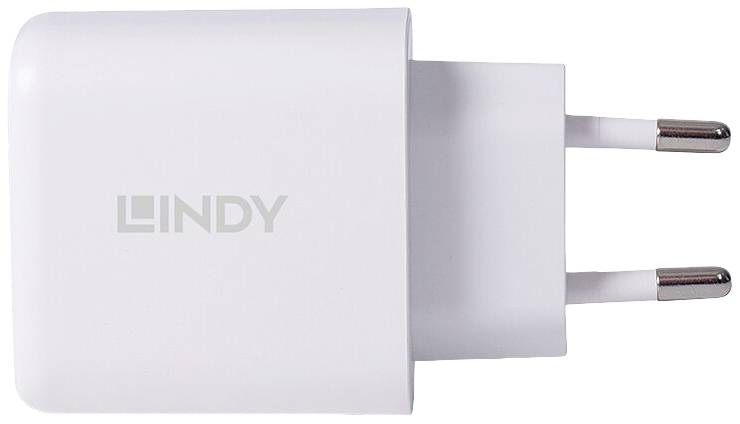 Ein weißes USB-Ladegerät mit Eurostecker und 'LINDY'-Logo.