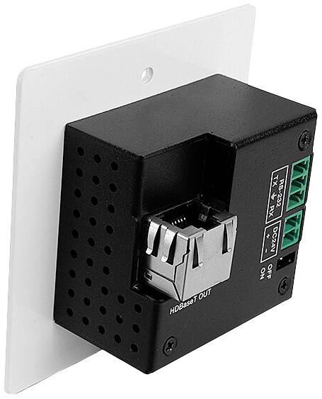 Ein rechteckiges, schwarzes elektronisches Gerät mit Ethernet-Anschluss auf weißer Wandplatte. Verbindungen seitlich angeschlossen.