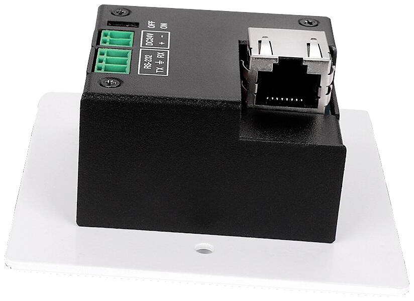 Ein Ethernet-Modul mit RJ45-Anschluss, geeignet für Netzwerkverbindungen. Enthält RS232-Schnittstelle und Status-LEDs.