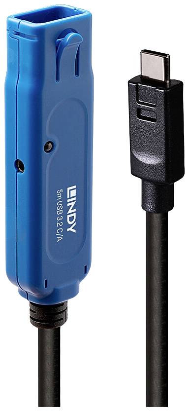 Ein blaues, rechteckiges Gerät mit 'Lindy'-Aufschrift verbunden mit einem schwarzen USB-C-Stecker.
