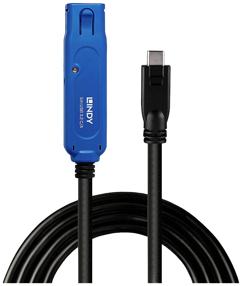 Ein blaues USB 3.2 Kabel mit einem Stecker und einem länglichen Adapter, geeignet für Verbindung mit verschiedenen Geräten.