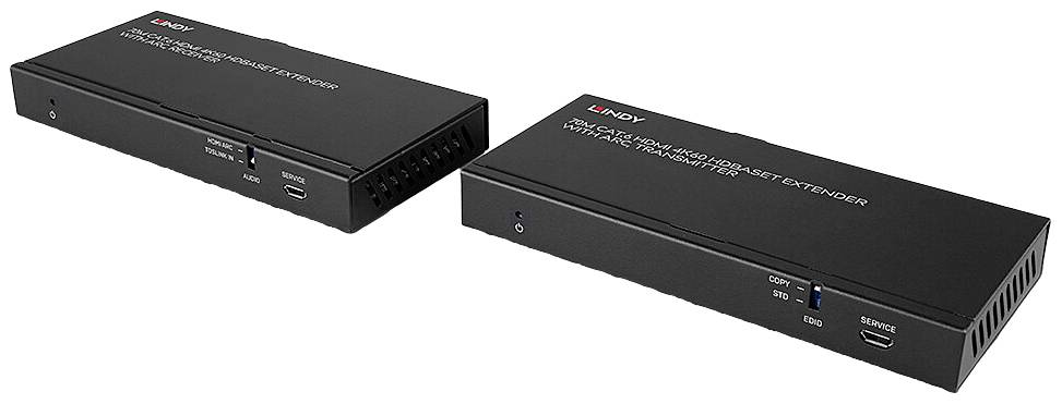 Zwei schwarze Netzwerk-Extender-Geräte von Lindy, mit mehreren Anschlüssen und Statusanzeigen, werden zur Datenübertragung verwendet.