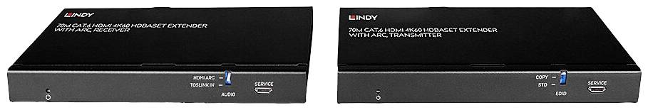 Zwei schwarze Geräte mit der Aufschrift '70m CAT6A HDMI 4K60 Extender'. Links: Receiver, rechts: Transmitter, beide mit HDMI-Anschluss.