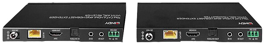 Zwei schwarze elektronische Geräte nebeneinander mit HDMI-, Netzwerk- und Audioanschlüssen. Markenlogo oben links auf jedem Gerät.