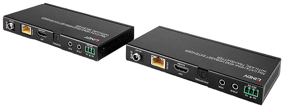 Zwei schwarze HDMI-Extender mit Anschlüssen und Beschriftungen auf der Oberseite, ideal zur Verlängerung von Video- und Audiosignalen.