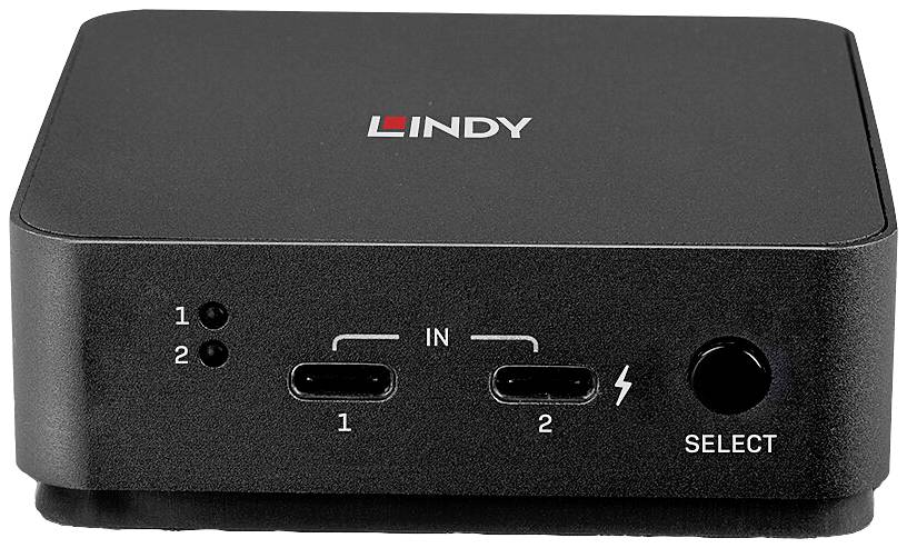 Schwarzer USB-C-KVM-Switch mit der Aufschrift 'LINDY', zwei USB-C-Eingängen und einem Auswahlknopf an der Vorderseite.
