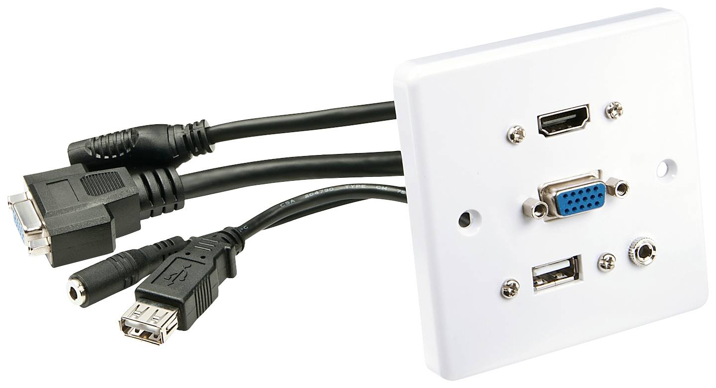 Weiße Wandplatte mit VGA-, USB-, HDMI- und Audioanschlüssen sowie zwei angeschlossenen Kabeln, eins mit USB-Stecker und eins mit VGA-Stecker.