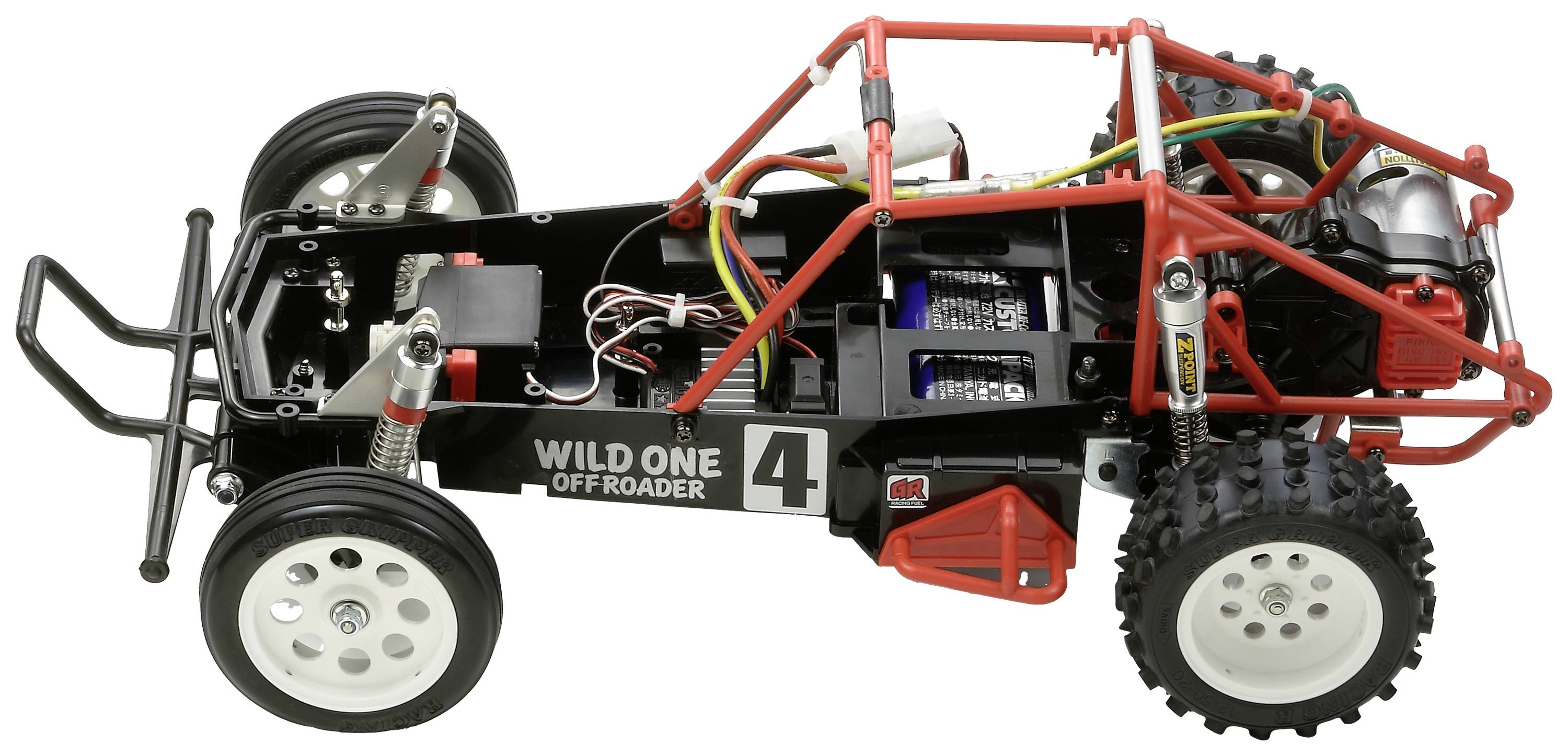 Ferngesteuertes Auto mit rotem Rahmen und schwarzen Details. Off-Road-Reifen, sichtbare Verkabelung und Motor. Modellname: 'Wild One Off Roader 4'.