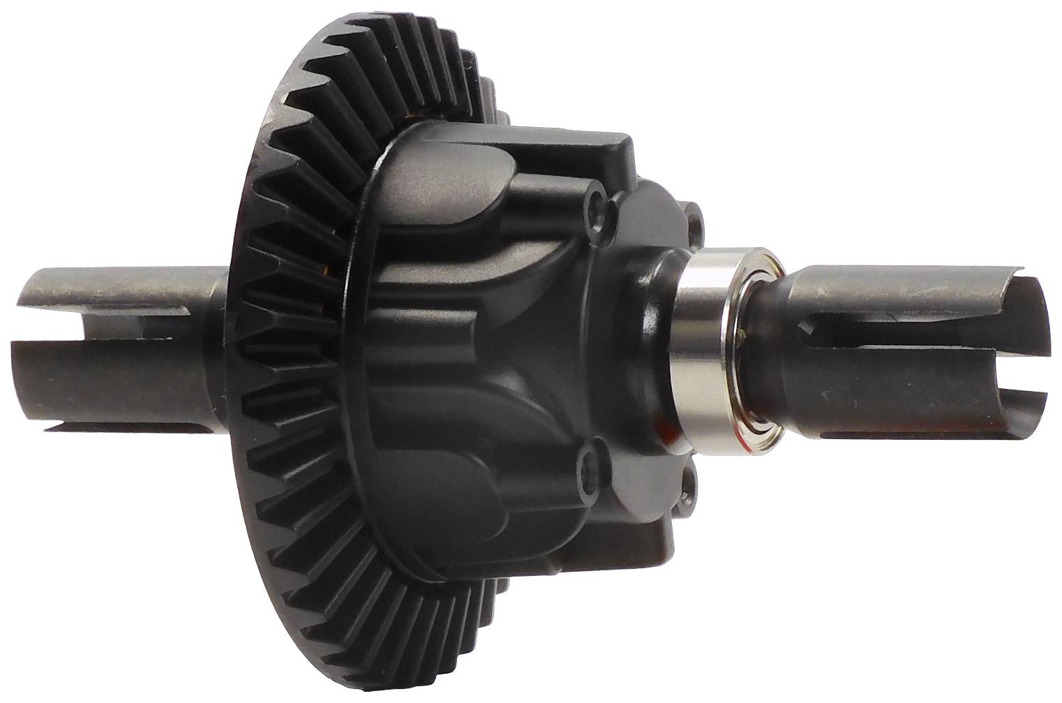 Ein schwarzes mechanisches Bauteil mit zylindrischer Form und verzahnter Kante, vermutlich Teil eines Getriebesystems.