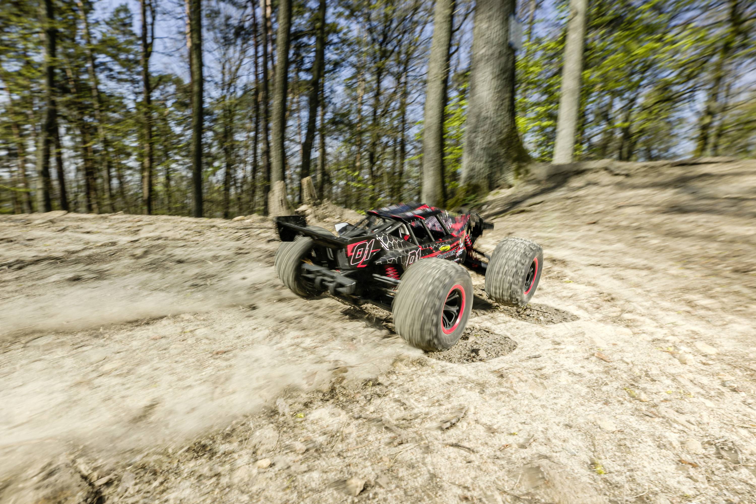 Ein ferngesteuertes Auto fährt schnell über sandigen Boden in einem Waldgebiet. Bäume und vegetative Umgebung im Hintergrund.