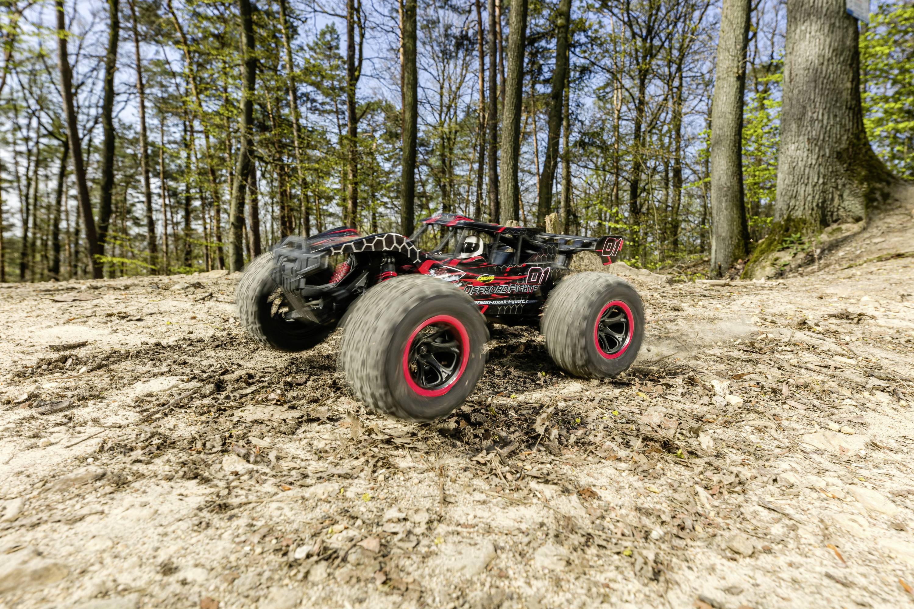 Ein ferngesteuertes Auto fährt über unebenes Gelände in einem Wald. Das Auto hat große Reifen und ist in Bewegung, umgeben von Bäumen.