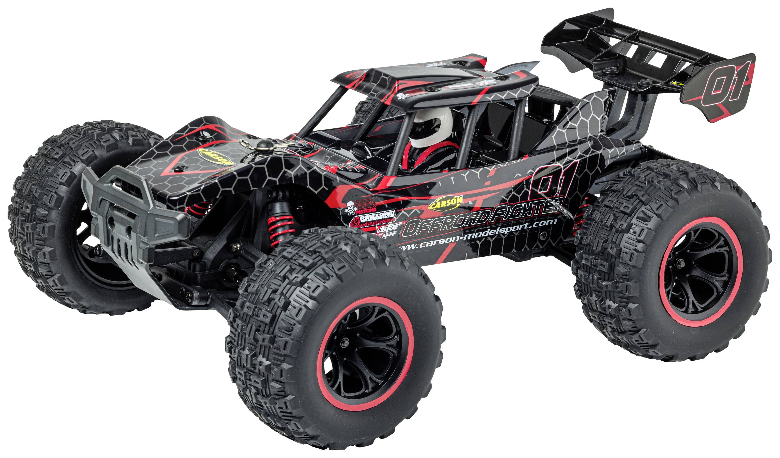 Ferngesteuertes Auto im Offroad-Design mit großen, robusten Reifen und schwarz-roter Karosserie.