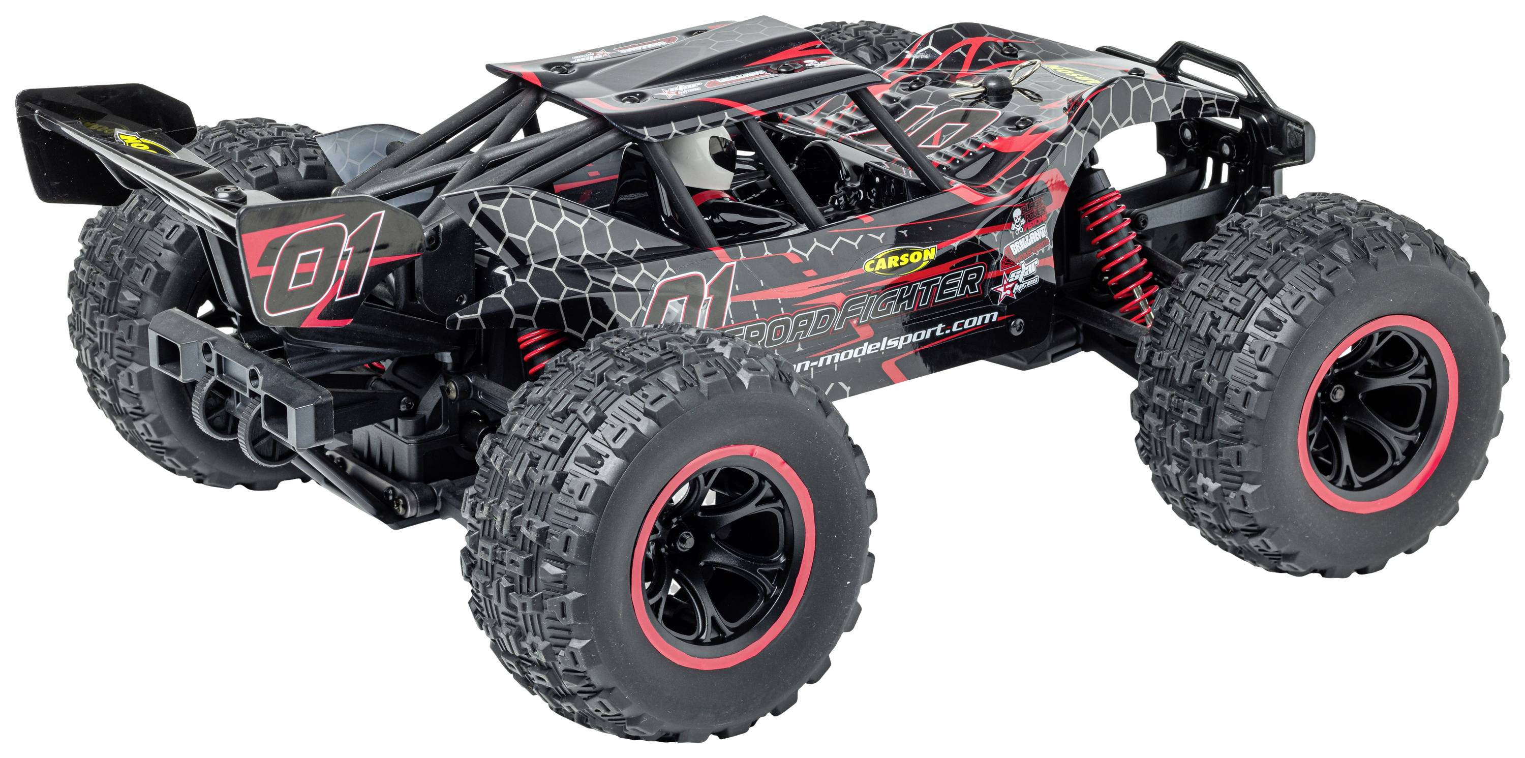 Ferngesteuertes Auto mit großem Profilreifen und robustem Chassis, dekoriert mit roten und schwarzen Akzenten und der Nummer '01'.
