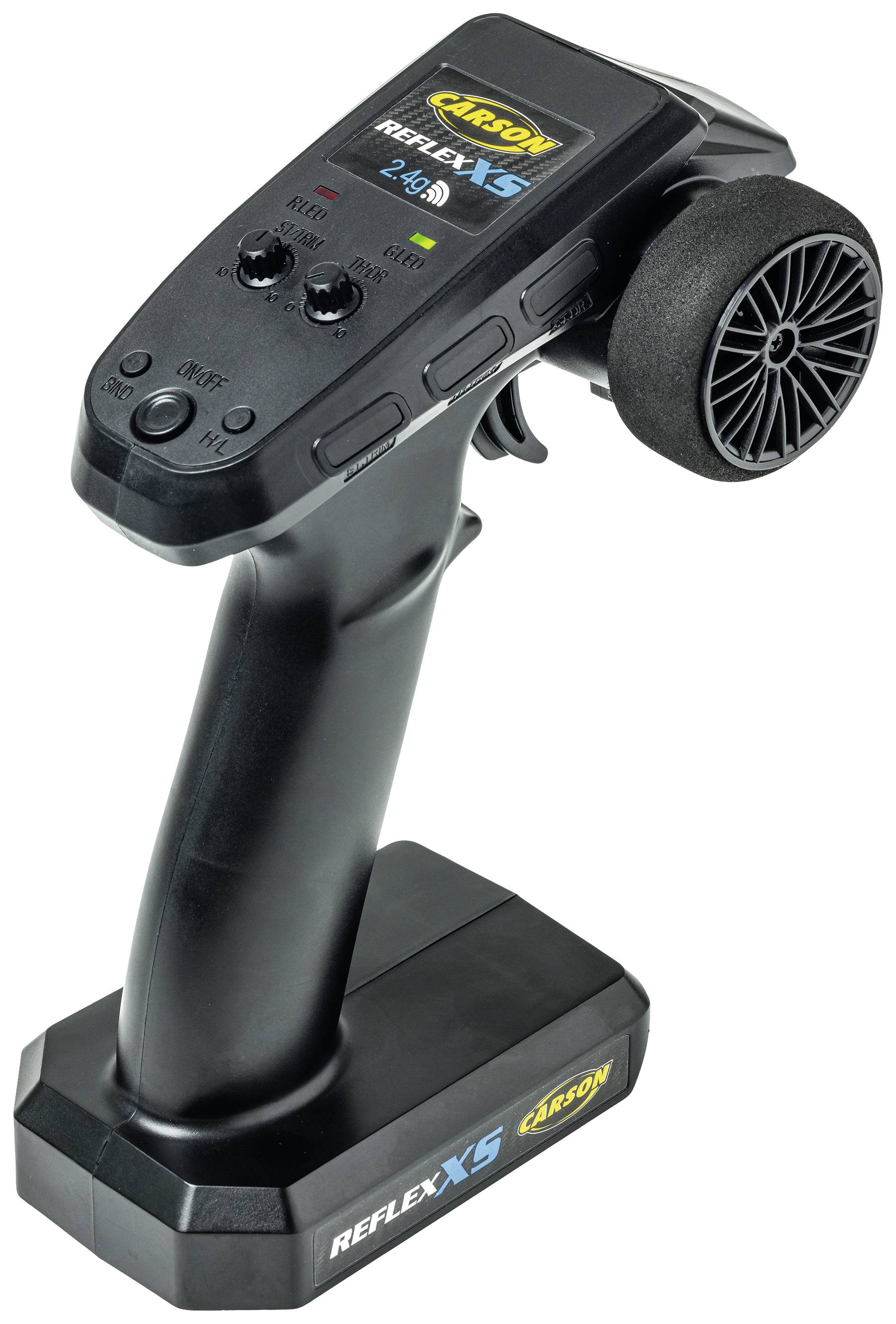 Schwarz-grauer Funkfernbedienungscontroller mit Rad, Knöpfen und Batterieabdeckung, markiert mit 'Reflex X5' und 'Carson' Logos.