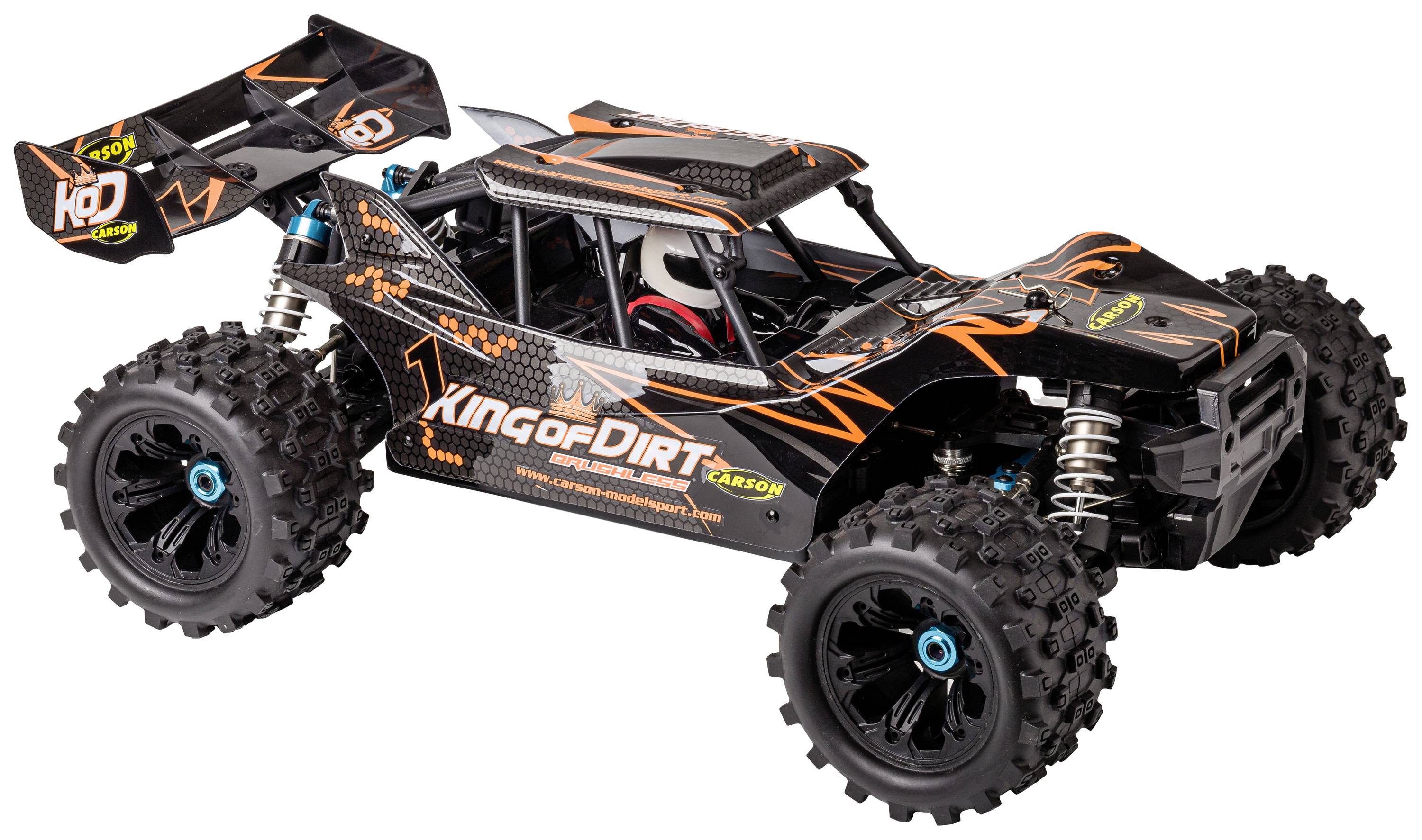Ferngesteuertes Auto mit schwarz-orangenem Design, robusten Reifen und aerodynamischem Flügel. Text auf Auto: 'King of Dirt'.