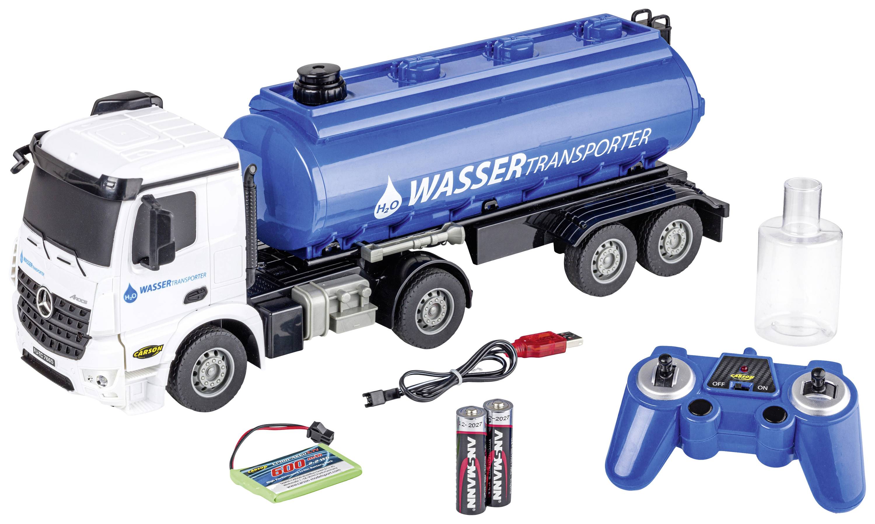 Carson Modellsport MB Arocs Wassertransporter 1:26 RC Einsteiger Funktionsmodell LKW
