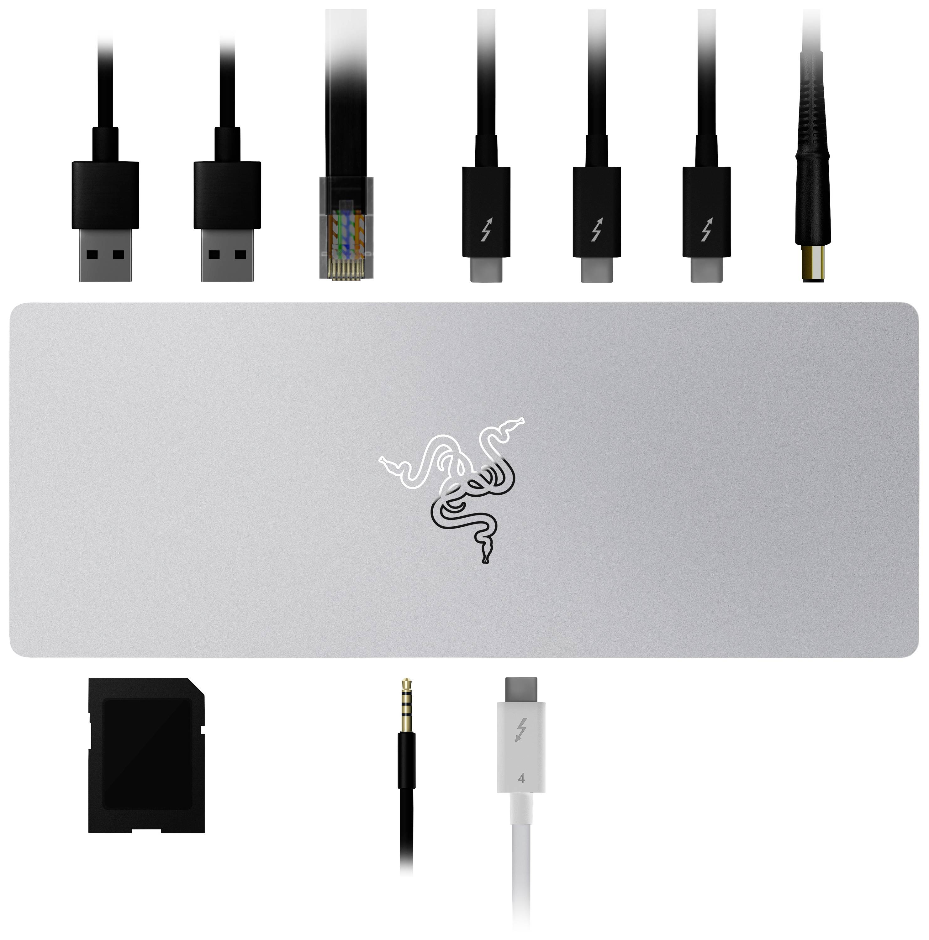 Ein silberner Adapter mit mehreren Anschlüssen, darunter USB, Ethernet, HDMI und Audio. Er dient zur Verbindung verschiedener Geräte.
