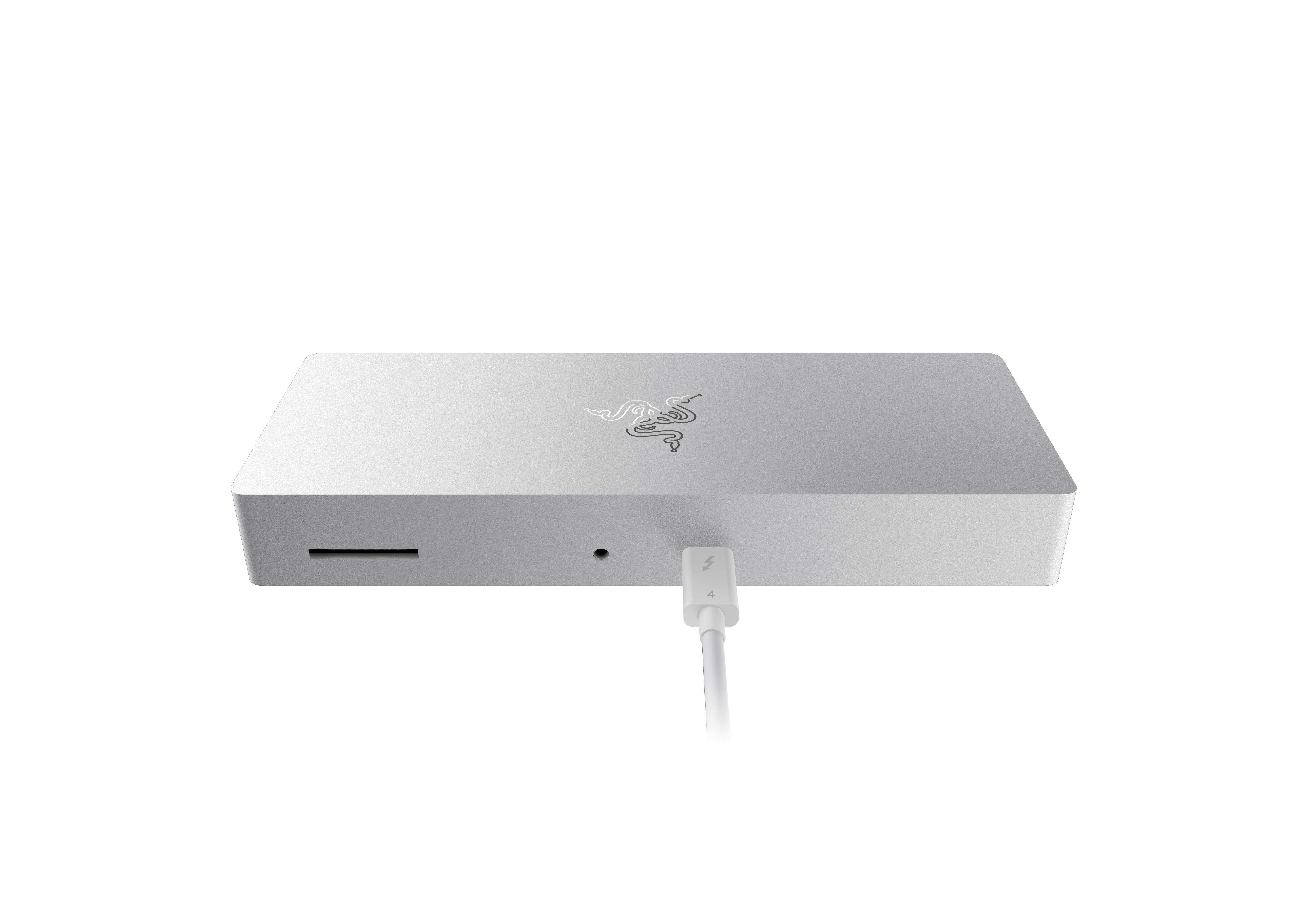 Ein weißes, rechteckiges Gerät mit einem USB-C-Kabel. Es hat Anschlüsse, einschließlich eines Kartenslots.