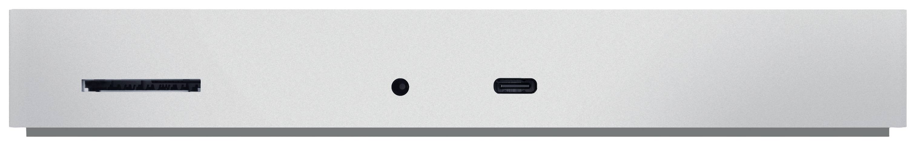 Ein Computeranschlussfeld mit SD-Kartensteckplatz, 3,5-mm-Klinkenanschluss und USB-C-Anschluss, frontal gezeigt.